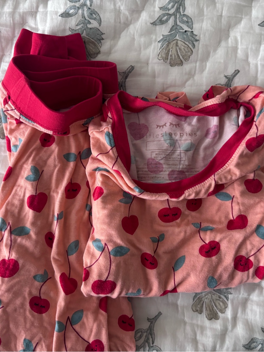 Little Sleepies Pink Cherry Print Pajama Set with Red Trim